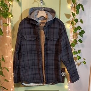 Men's Tallwoods Grey Dark Blue Plaid Flannel Sherpa Lined Hoodie Jacket M